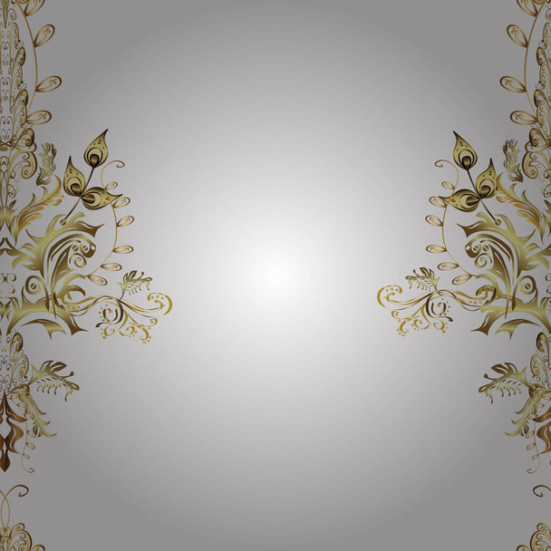 Ornate vector decoration. Seamless damask pattern background for sketch design in the style of Baroque. Golden pattern on white and yellow colors with golden elements. - Wektor, obraz