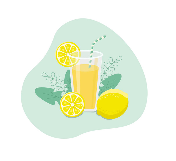 Refreshing lemonade illustration. Glass with straw and pitcher with lemons and ice cubes. - Vector, Image