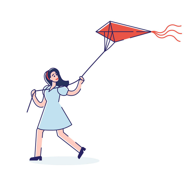 凧揚げの女の子。漫画の子供空を飛ぶ凧上の白い背景 - ベクター画像