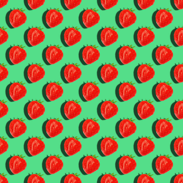 Juicy red summer strawberry on turquoise background seamless pattern illustration. Good for textile, wallpaper, wrapping paper. gift cards - Photo, image