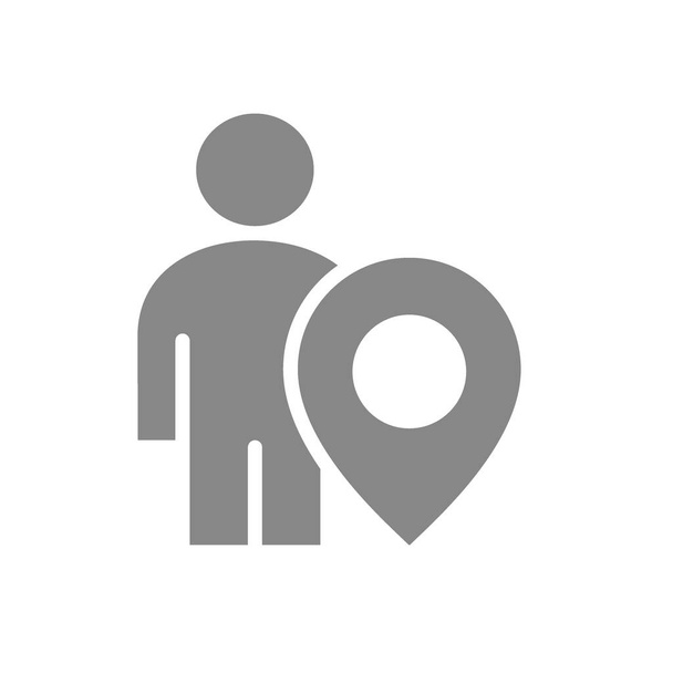 Perfil de usuario con marca de ubicación icono gris. Navegación humana, símbolo de dirección
 - Vector, Imagen