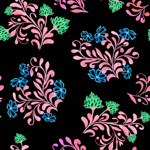 Abstract floral seamless pattern with watercolor contour flowers on black. Beautiful rustic print for surface design. - Foto, imagen