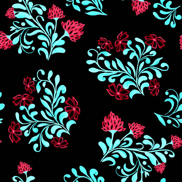 Abstract floral seamless pattern with watercolor contour flowers on black. Beautiful rustic print for surface design. - 写真・画像