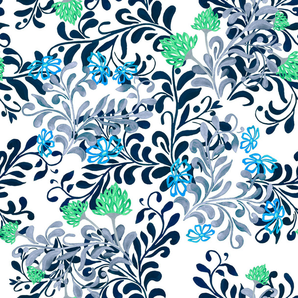 Floral seamless pattern with watercolor contour flowers. Rustic pattern for surfase design. - Foto, imagen