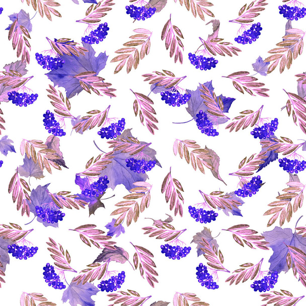 Watercolor seamless pattern with rowan branch and falling leaves. Beautiful autumn print. - Photo, Image