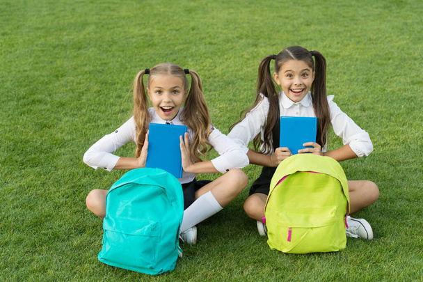 Group study outdoors girls classmates with backpacks, happy students concept - Φωτογραφία, εικόνα