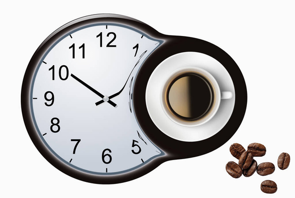 Composición Hora del Café. Taza de café sobre reloj y frijoles asados vista superior. El símbolo de la hora del café. Interesante idea de energía, concepto de refresco
 - Foto, imagen