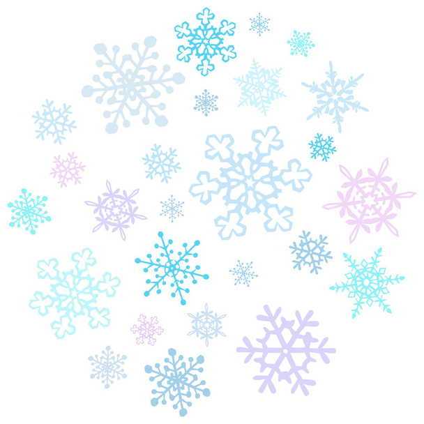 Molti diversi fiocchi di neve sono disposti in un cerchio sul bianco sfondo vettoriale illustrazione - Vettoriali, immagini