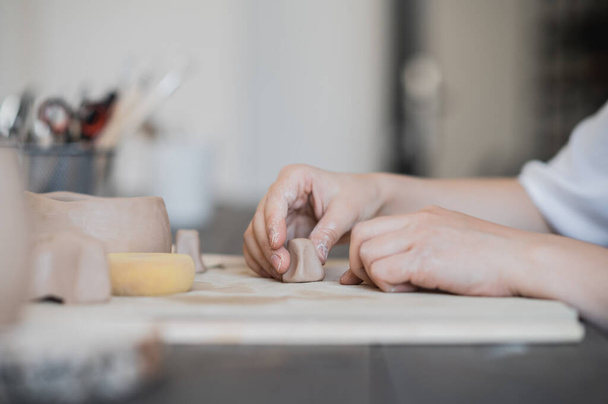 Potier professionnel féminin façonnant et sculptant des pièces atelier de poterie, studio. Artisanat, œuvres d'art et concept fait main. - Photo, image