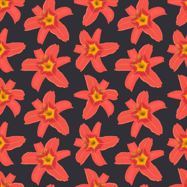 Patrón sin costuras con flores de lirio naranja sobre un fondo negro. Fondo floral. Ilustración vectorial
 - Vector, imagen