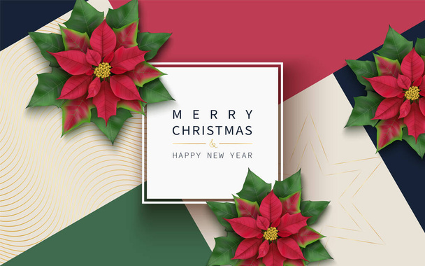 Merry Christmas and Happy New Year card with Christmas flowers - Vector, Image