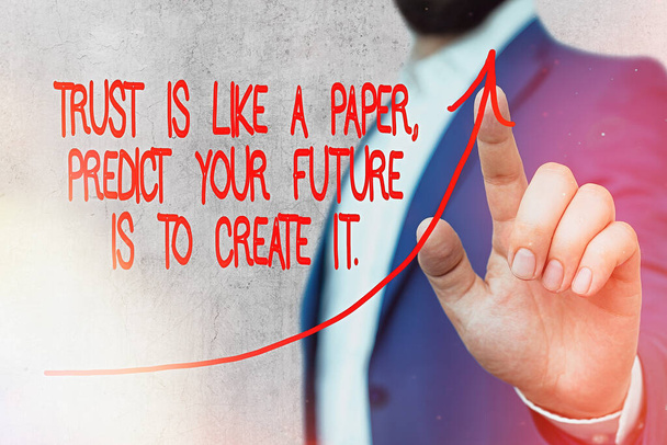 Woord schrijven tekst De beste manier om uw toekomst te voorspellen is om het te maken.. Business concept voor hard werken Motivatie digitale pijlpunt curve stijgende opwaartse aanduiding van groei ontwikkeling concept. - Foto, afbeelding