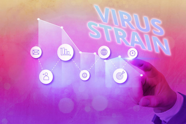 Text sign showing Virus Strain. Conceptual photo Another genetic variant derived from the original microorganism Arrow symbol going upward denoting points showing significant achievement. - Photo, Image
