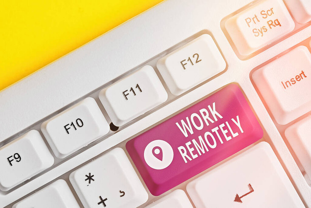 Text sign showing Work Remotely. Conceptual photo fresh working style where employees handles job away from the public Different colored keyboard key with accessories arranged on empty copy space. - Photo, Image