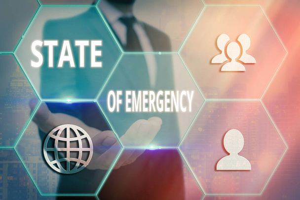 Handwriting text writing State Of Emergency. Concept meaning acknowledging an extreme condition affecting at a national level Grids and different set up of the icons latest digital technology concept. - Photo, Image