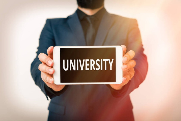Text sign showing University. Conceptual photo an educational institution designed to teach and investigate Model displaying black screen modern smartphone mock-up for personal interest. - Photo, Image