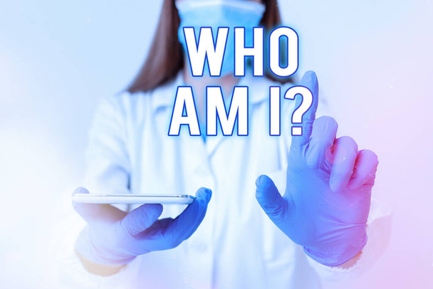 Conceptual hand writing showing Who Am I Question. Business photo showcasing asking about selfidentity or an individualal purpose in life Laboratory technician featuring paper accessories smartphone. - Photo, Image