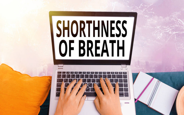 Conceptual hand writing showing Shorthness Of Breath. Business photo text intense tightening of the airways causing breathing difficulty Modern gadgets white screen under colorful bokeh background. - Photo, Image