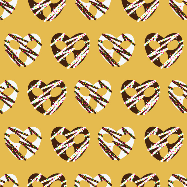 σοκολάτα καλύπτονται απλό πρέτζελ αδιάλειπτη μοτίβο σε κίτρινο φόντο σχεδιασμό - Διάνυσμα, εικόνα