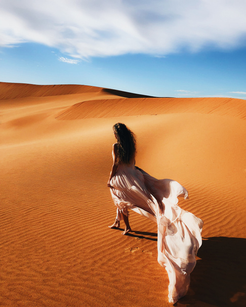Γυναίκα σε καταπληκτικό νυφικό μετάξι με φανταστική θέα της Σαχάρας άμμο αμμόλοφους στο φως του ηλιοβασιλέματος. Τοπίο του Μαρόκου, Αφρική. Προβολή από πίσω. - Φωτογραφία, εικόνα