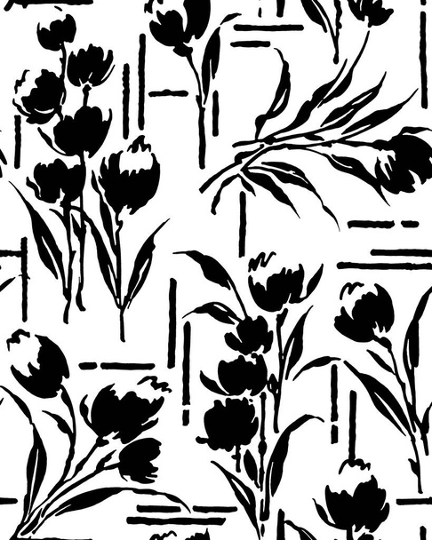 Seamless freehand black and white floral stock photos and illustrations - Фото, изображение