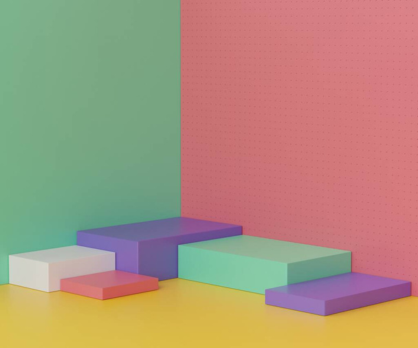 3D-Darstellung des leeren Podiums in Pastellfarbe. Leerer Sockel und Ladenfront mit sauberem Design. Minimale Szene für die Produktpräsentation. Abstrakter Standhintergrund für kosmetische Werbung. - Foto, Bild