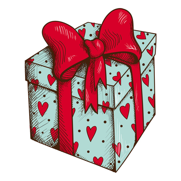 Present box with hearts and bow isolated on white. - Vector, Image