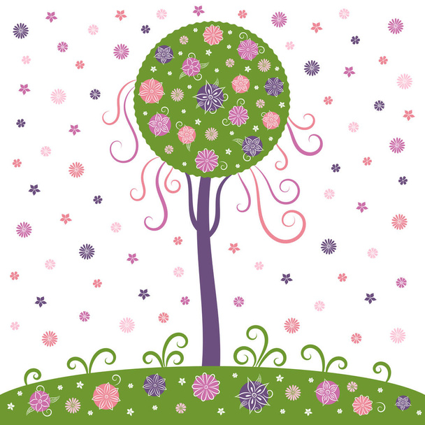 Beautiful flowering tree. Eco. Nature protection. Green Planet. Template for postcard, poster, banner, social networks. Vector illustration. - Vektori, kuva