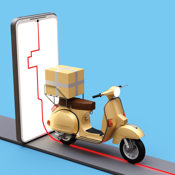 Il percorso di consegna del pacco nel telefono. Una moto sta trasportando un pacco. Consegna rapida del concetto di ordini. rendering 3d - Foto, immagini
