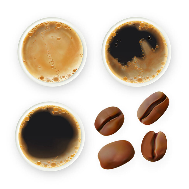 Coffee Bean And Brewed Drink Collection Set Vector. Roasted Agricultural Seeds And Foamy Energy Aroma Black Beverage Cup. Morning Refreshment Product Template Realistic 3d Illustrations - Vector, Image