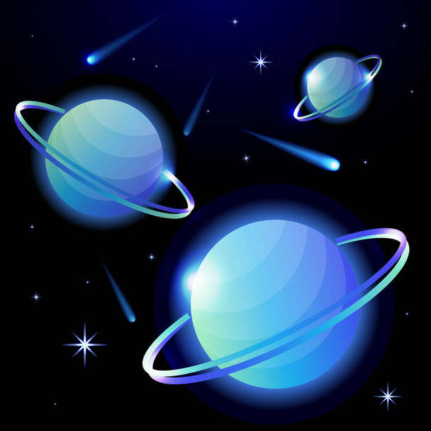 Fantastyczne tło przestrzeni z planetami z pierścieniem, gwiazdami i kometami. Astronomia i przestrzeń, obiekty niebieskie, astrologia i wszechświat, przestrzeń galaktyk i światła kosmiczne. Ilustracja wektora. - Wektor, obraz