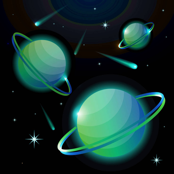 Fantastic space background with planets with ring, stars and comets. Astronomy and space, celestial objects, astrology and the universe, the space of galaxies and cosmic lights. Vector illustration. - Διάνυσμα, εικόνα