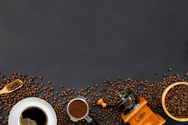 hot coffee, bean and hand grinder on white table background. space for text. top view - Photo, Image