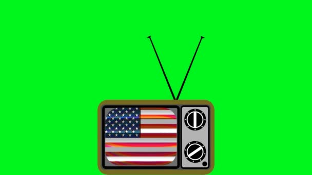 Dibujo de un televisor en un estilo retro con la bandera americana en la pantalla. Fondo verde para composición, corte, integración de vídeo. Elecciones estadounidenses. Vintage TV de diseño plano. Aislado, cortado. - Imágenes, Vídeo