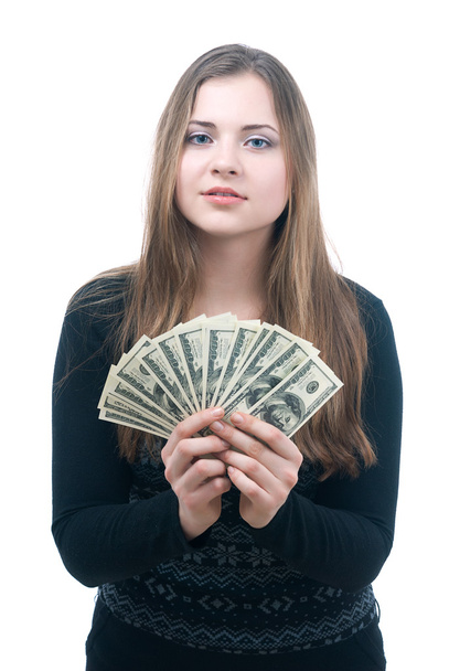 Girl with wad of money in her hands - Φωτογραφία, εικόνα