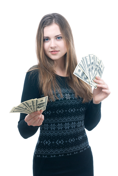 Girl with wad of money in her hands - Foto, immagini