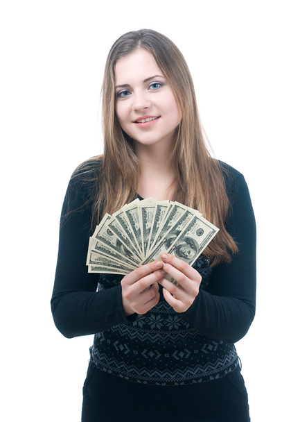 Girl with wad of money in her hands - Foto, afbeelding