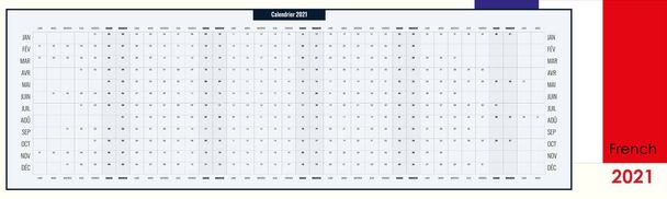 Grote, brede wandplanner voor 2021. Het hele jaar op één pagina. Eenvoudige kalender sjabloon of klaar voor afdruk. Franse taal. Gratis kopieerruimte. Vectorillustratie. - Vector, afbeelding