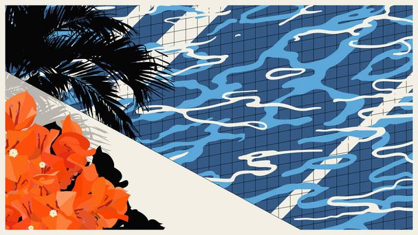 Tropikal bougainvillea çiçekleri ve nostaljik grafik arkaplanlı klasik retro havuz kenarı. - Vektör, Görsel