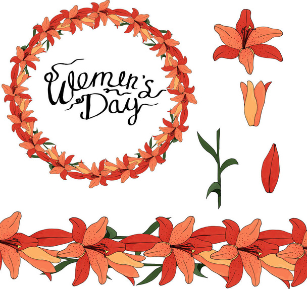set of lilies, a wreath, and brush elements - Vector, Imagen