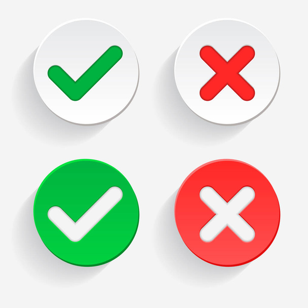 Позначте "Зелений хрест" і "Червоний хрест" затвердженими і відкиньте символи кола YES і NO кнопка для голосування, прийняття рішень, Інтернету. Піктограма векторної ілюстрації
 - Вектор, зображення