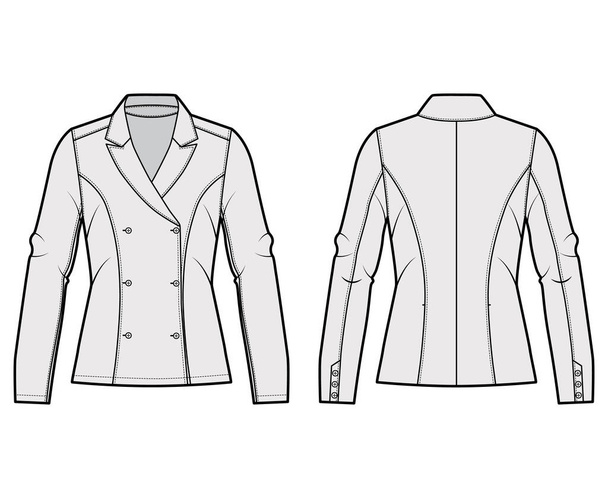 Blazer technical fashion illustration with notched lapel, fitted silhouette, double breasted opening, long sleeves. - Vector, Image