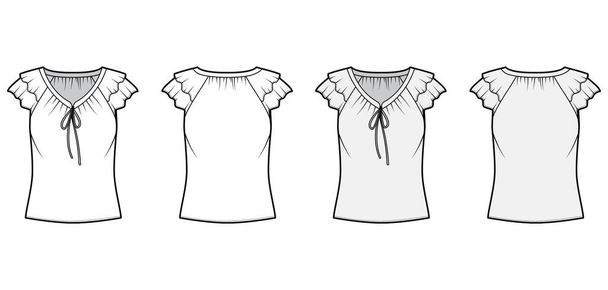 Blusa técnica moda ilustração com laços no decote V, babados fluttery mangas curtas, corpo montado solto
. - Vetor, Imagem