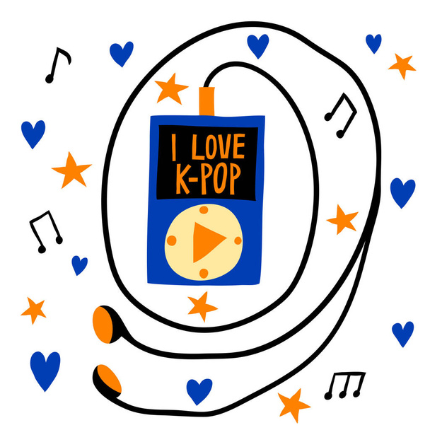 MP3-Player mit "I love k-pop" -Schriftzug darauf und Ohrhörer isoliert auf weiß. Schöne musikalische Gestaltung für Karte, Aufkleber, Plakat. Südkoreanische Populärmusik. Stockvektorillustration von Hand gezeichnet - Vektor, Bild