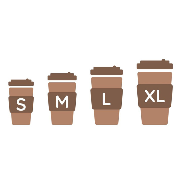 Koffiecup maten set S M L XL. Verschillende grootte - klein, medium, groot en extra groot - Vector, afbeelding