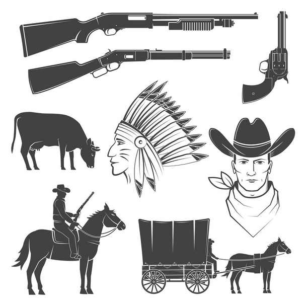 Set of cowboy club icon. Vector. Concept for shirt, logo, print, stamp, tee with cowboy and shotgun. Vintage typography design with wild west icon and western rifle silhouette. - Vektori, kuva