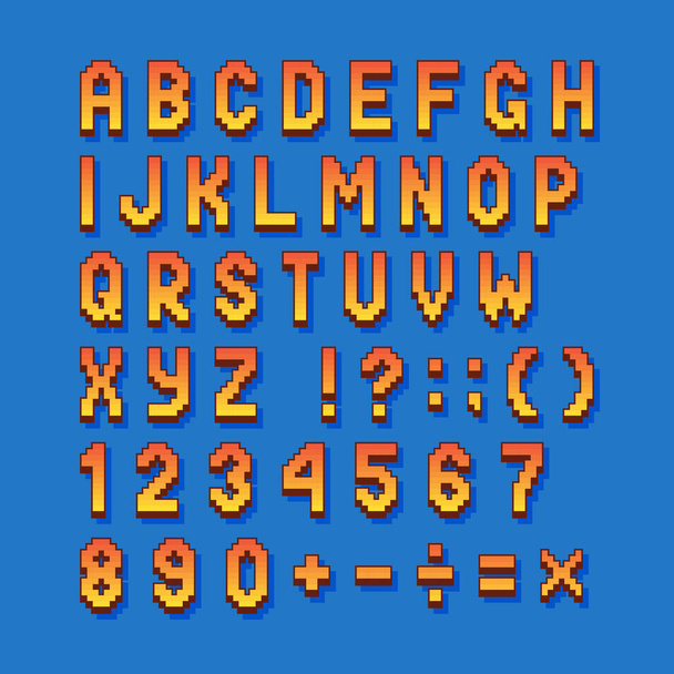 Pixel retro font computer games, videos, web sites. 8 bit letters, numbers and symbols. - Вектор, зображення
