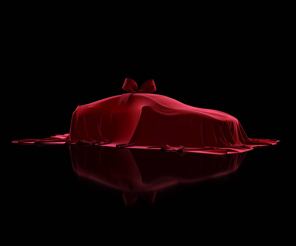Luxe auto prijs bedekt met premium stof op een zwarte achtergrond. Rood fluwelen doek. Verrassingsgeschenk met een strik - Foto, afbeelding