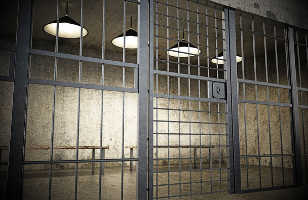 Prison cell with closed door and old dirty walls. 3D illustration. - Foto, Imagem