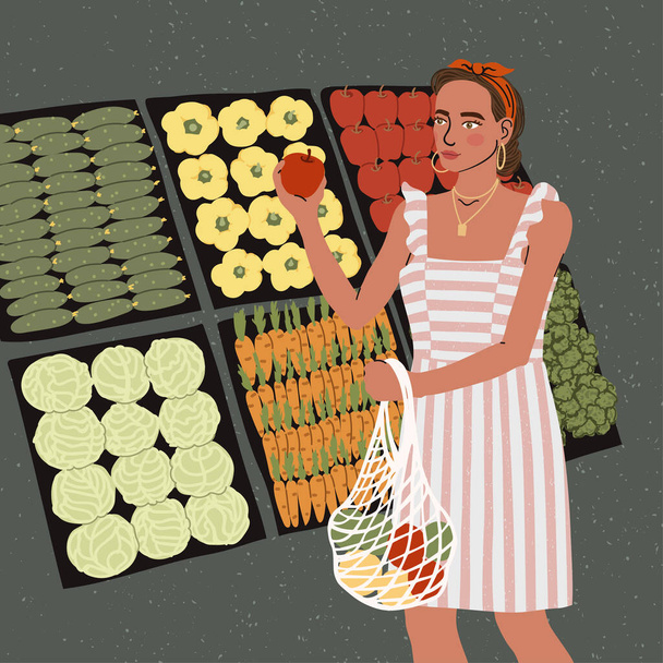 Иллюстрации милой молодой девушки с эко-сумкой покупают еду в нулевом магазине отходов - Вектор,изображение